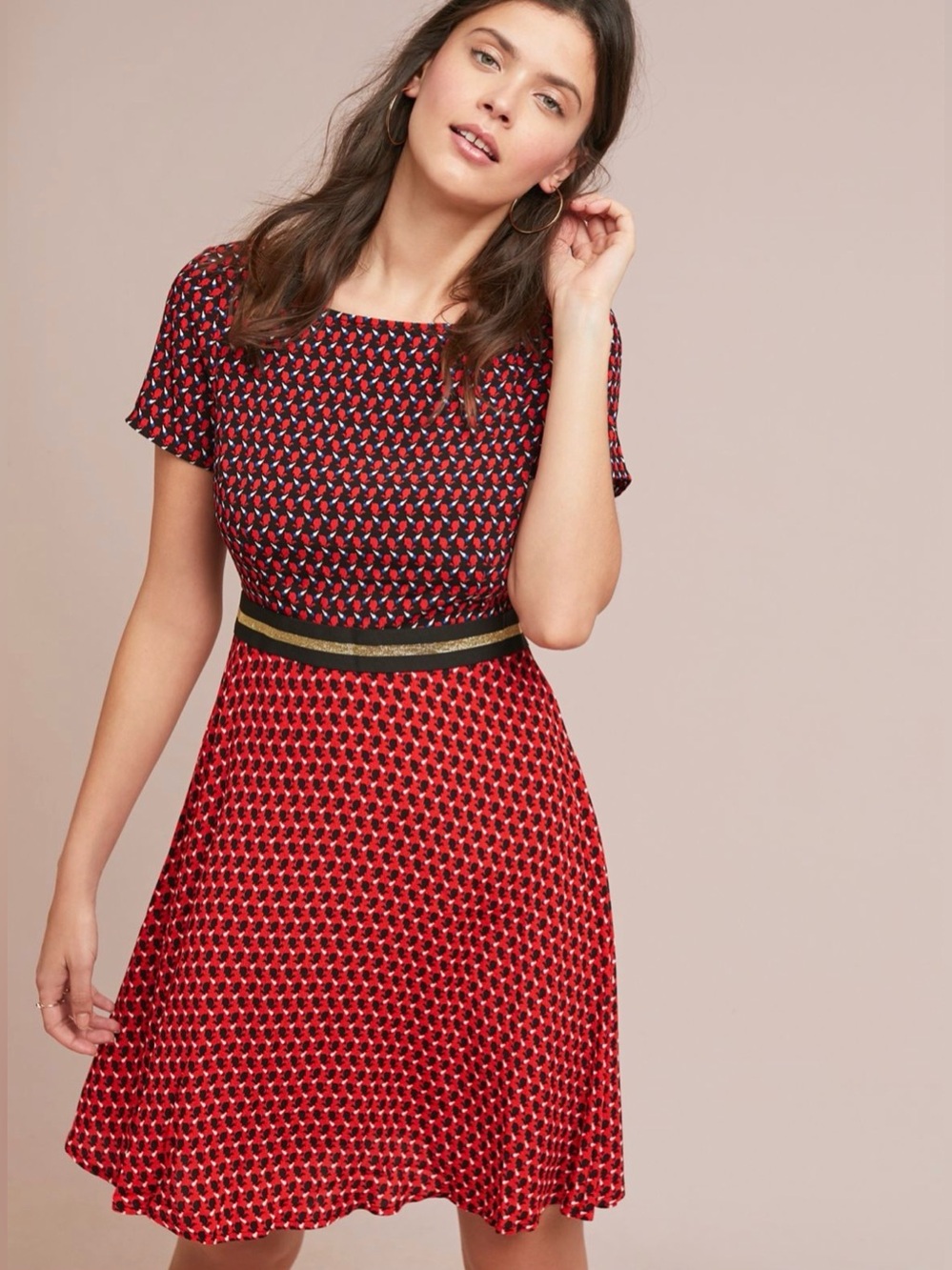 Anthropologie Maeve Amici Colorblock Fit & Flare Dress‎ Red Whimsy Retro Print